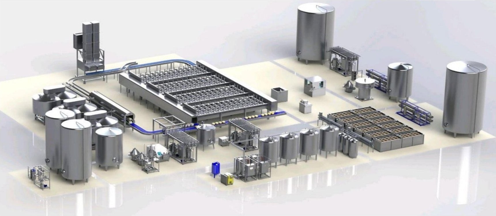Layout drawing of a complete process plant — tanks, pasteuriser, conveyors and filling line